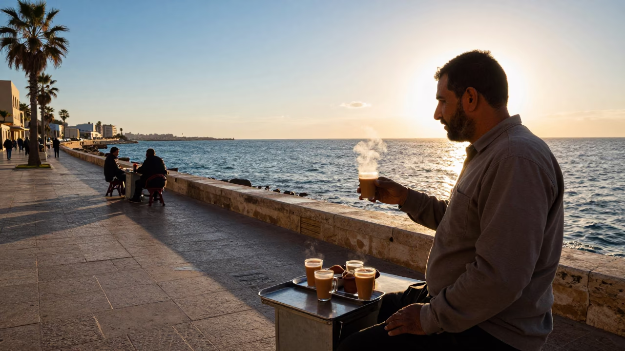 Alexandria Egypt Golden Hour Street Scene with Tea Vendor and Mediterranean Sea View in in Alexandria, Egypt