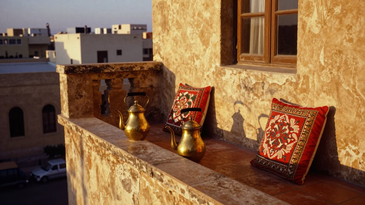 Alexandria Egypt Golden Hour Tea Kettles and Embroidered Cushions on Balcony in in Alexandria, Egypt