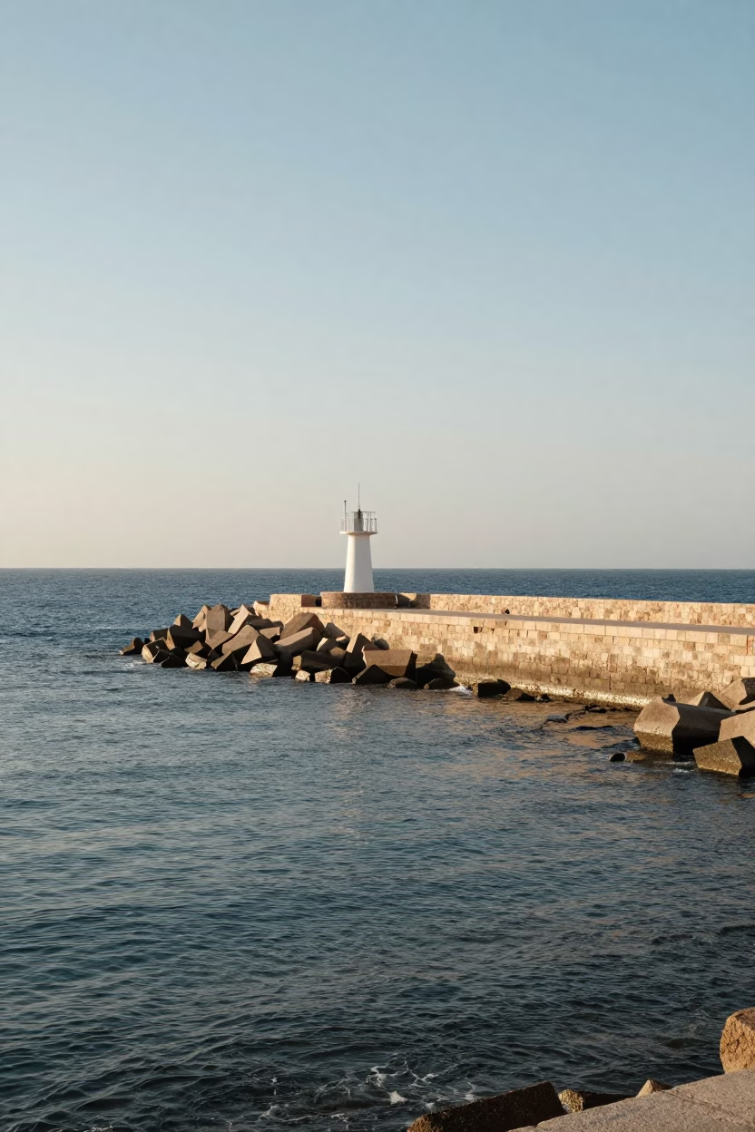 Alexandria Egypt Harbor Breakwater and Beacon in Clear Late Afternoon Light in in Alexandria, Egypt