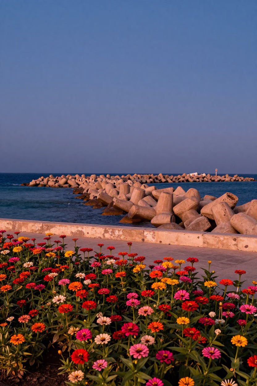 Alexandria Egypt Harbor Breakwater at Dusk with Blue Hour Sky and Vibrant Zinnias in in Alexandria, Egypt