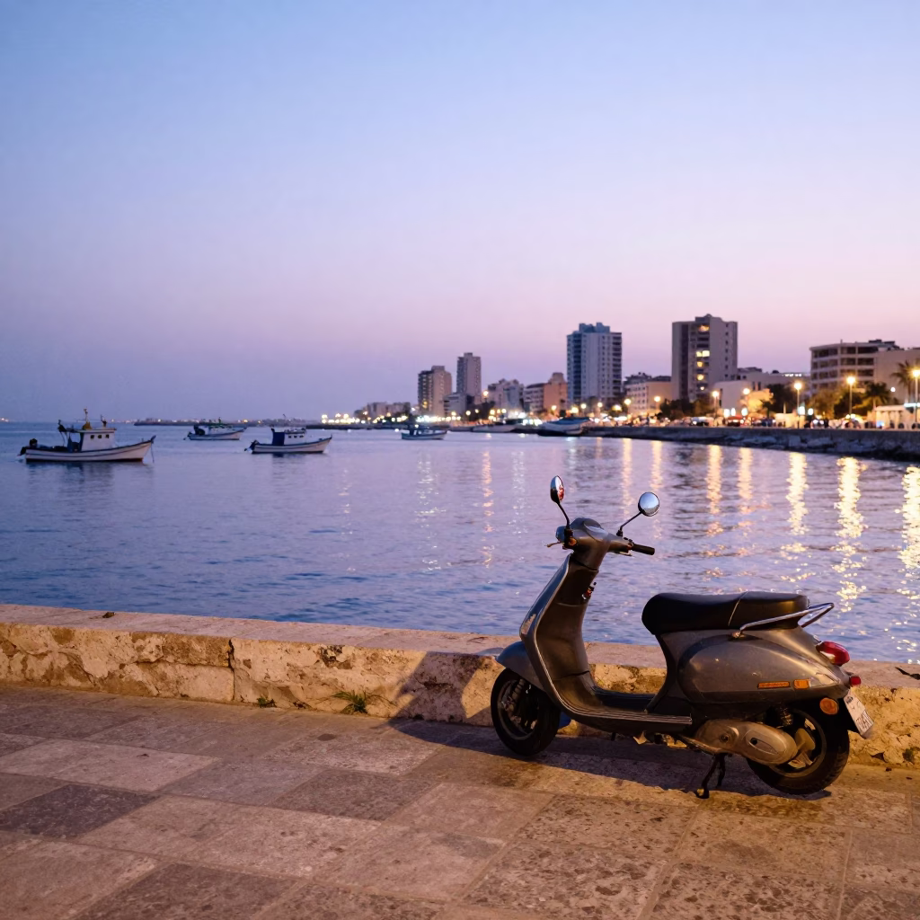 Alexandria Egypt Harbor Promenade at Dusk with Parked Scooter and City Lights in in Alexandria, Egypt