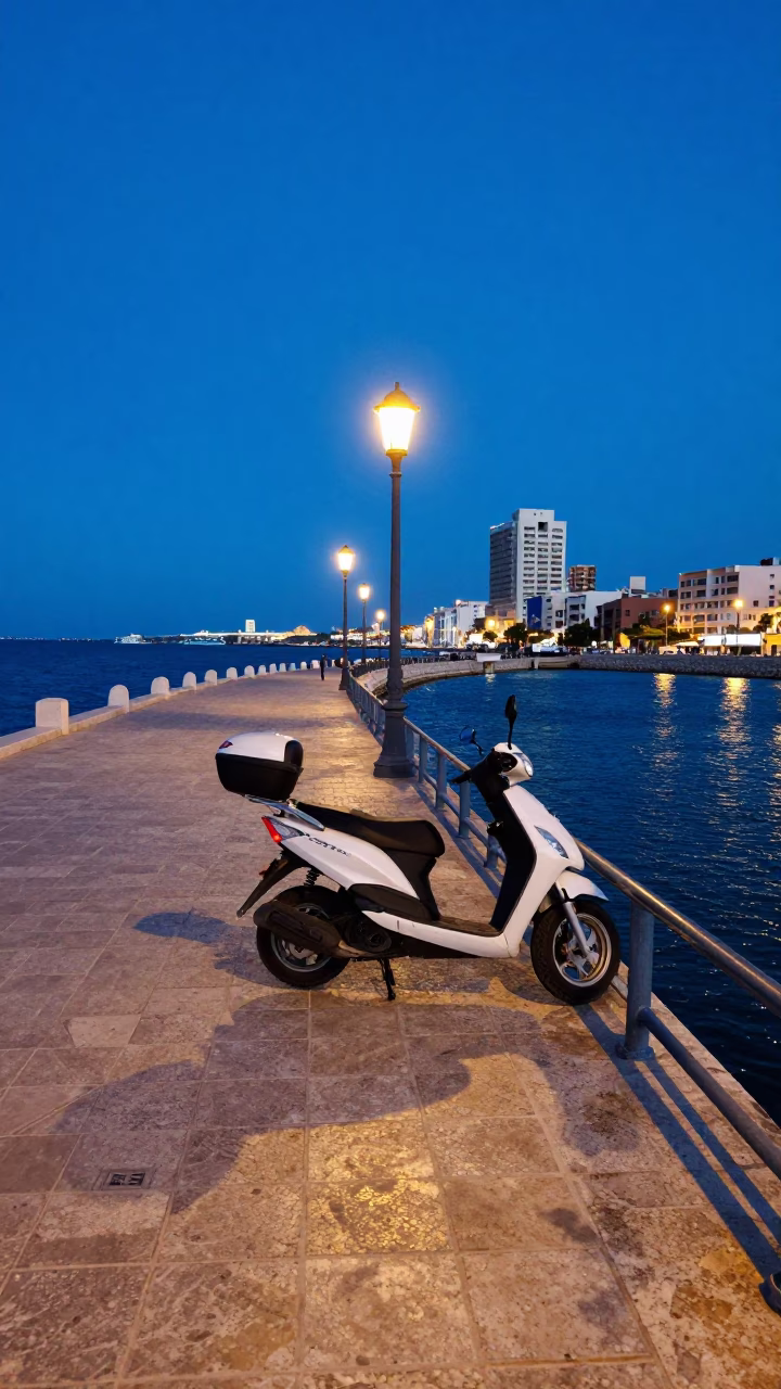 Alexandria Egypt Harbor Promenade Evening Blue Light with Parked Scooter and Mediterranean Sea View in in Alexandria, Egypt