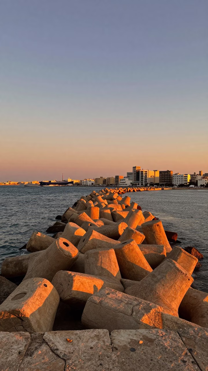 Alexandria Egypt Honeyed Evening Light Harbor Breakwater and Fading Blue Hour Sky in in Alexandria, Egypt