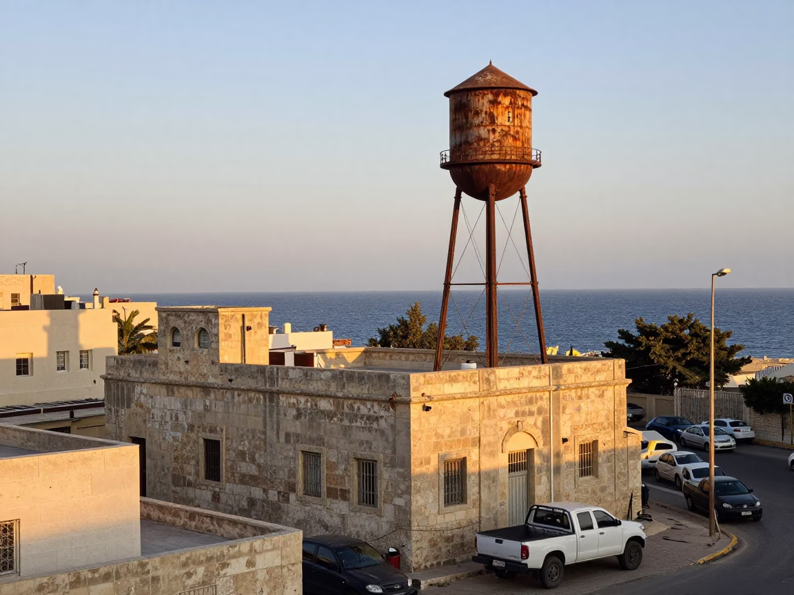 Alexandria Egypt Honeyed Evening Light Rooftop Water Tower and Coastal Street Scene in in Alexandria, Egypt