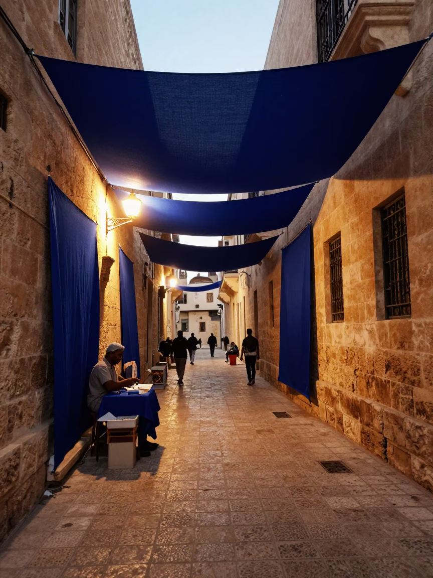Alexandria Egypt Honeyed Evening Light Street Scene with Indigo Fabric in in Alexandria, Egypt