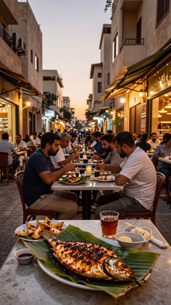 Alexandria Egypt Honeyed Evening Light Street Scene with Local Diners in in Alexandria, Egypt