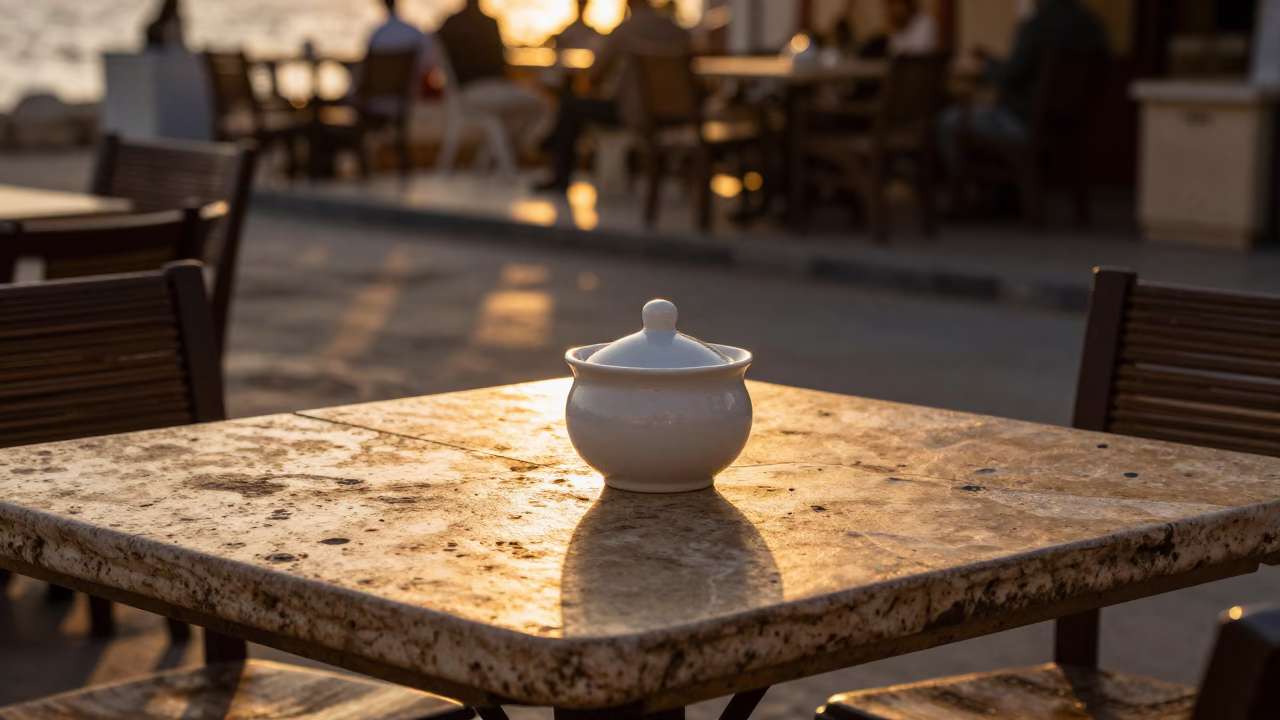Alexandria Egypt Honeyed Evening Light Street Scene with Sugar Bowl on Cafe Table in in Alexandria, Egypt
