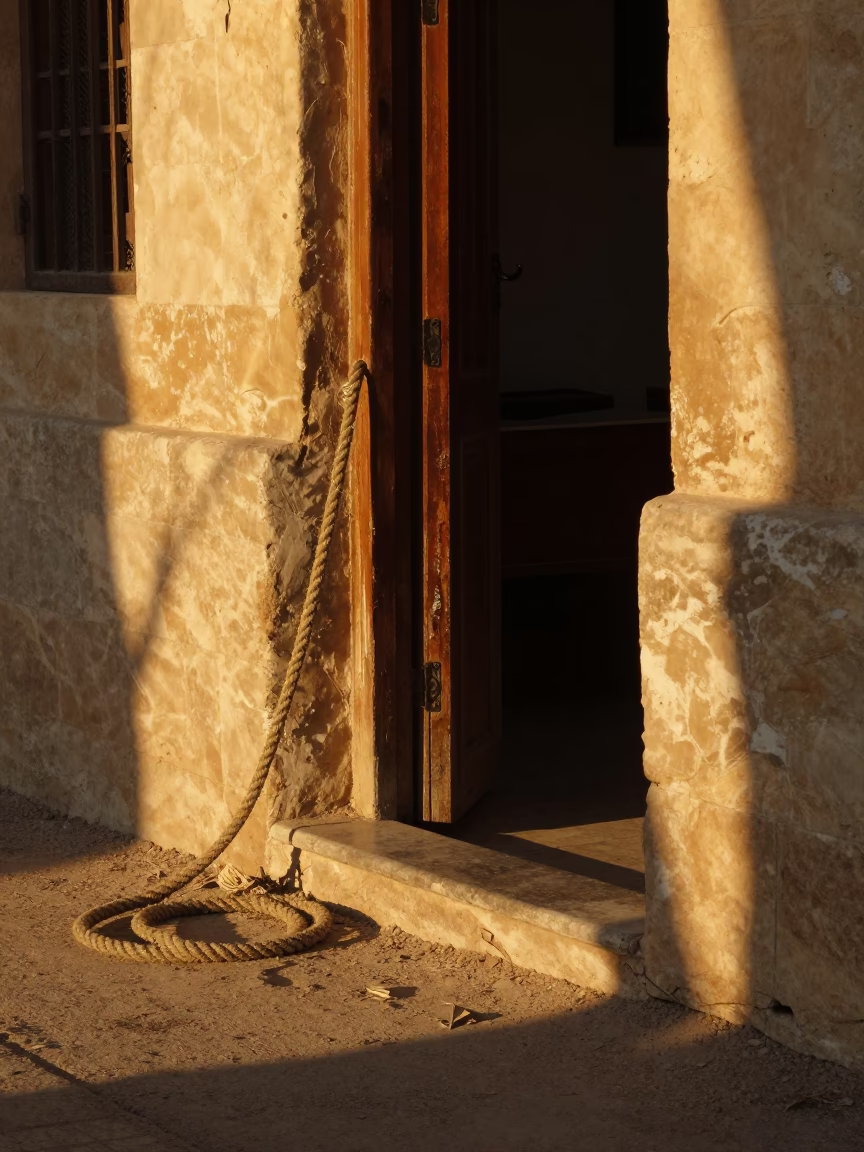 Alexandria Egypt honeyed evening street scene with frayed rope and weathered doorframe in in Alexandria, Egypt