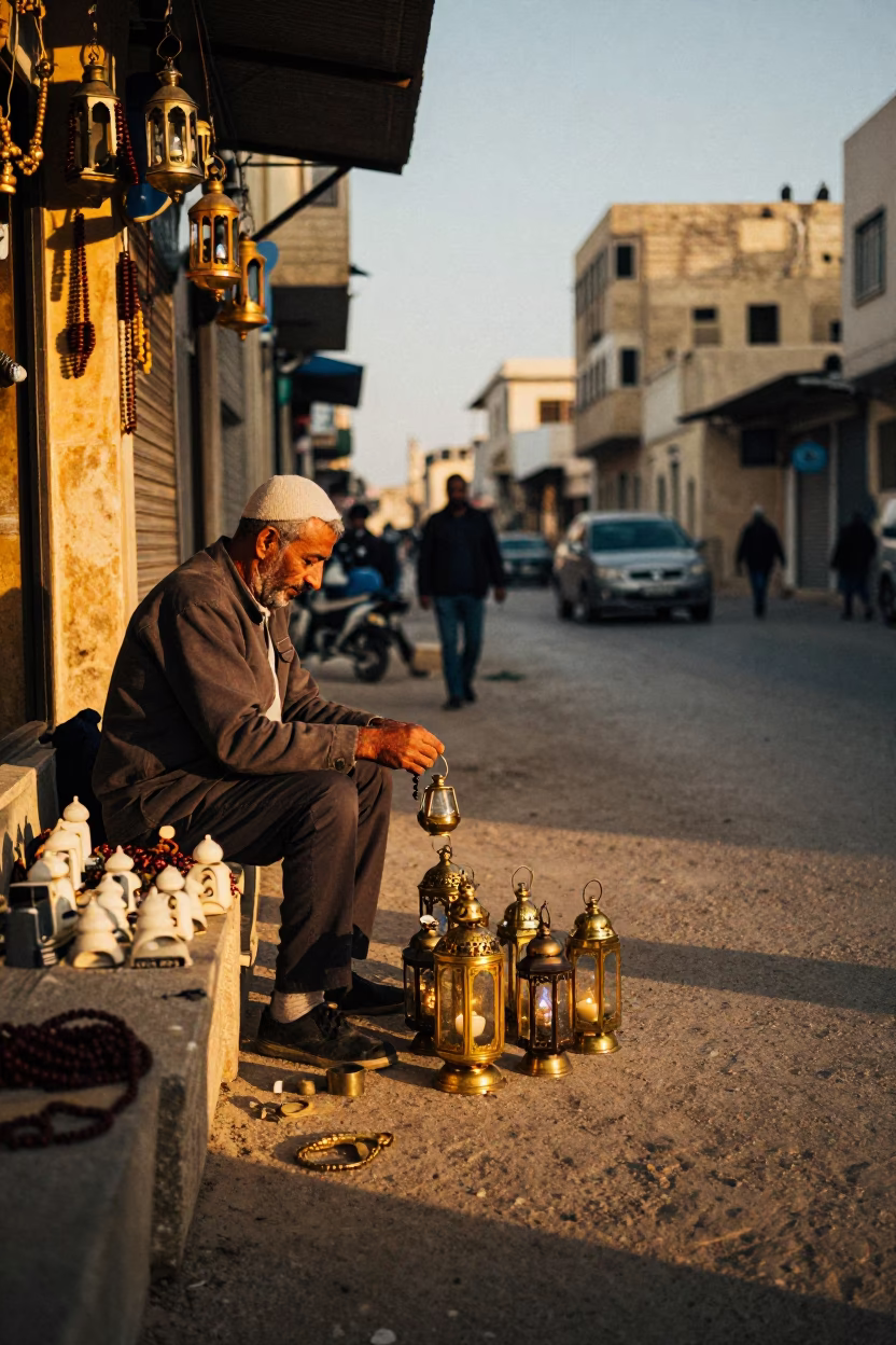 Alexandria Egypt honeyed evening street scene with prayer beads and lantern in in Alexandria, Egypt