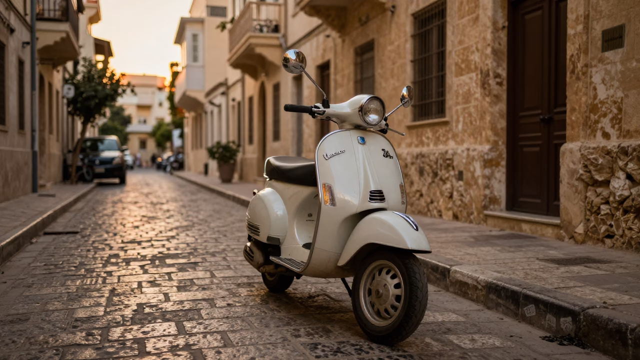 Alexandria Egypt Honeyed Evening Street Scene with Vintage Vespa and Local Life in in Alexandria, Egypt