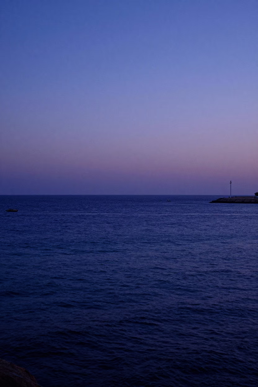 Alexandria Egypt indigo twilight coastal horizon shot with Mediterranean sea and urban lights in in Alexandria, Egypt