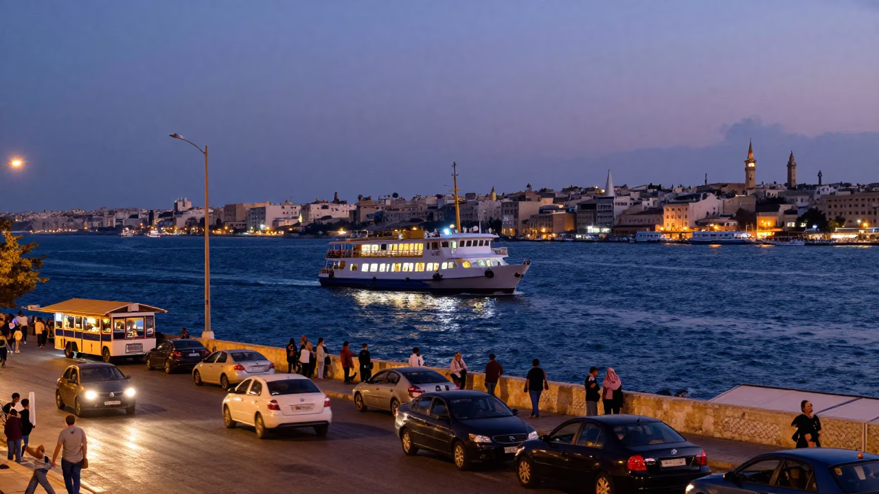 Alexandria Egypt Indigo Twilight Street Scene with Catamaran Ferry and Urban Life in in Alexandria, Egypt