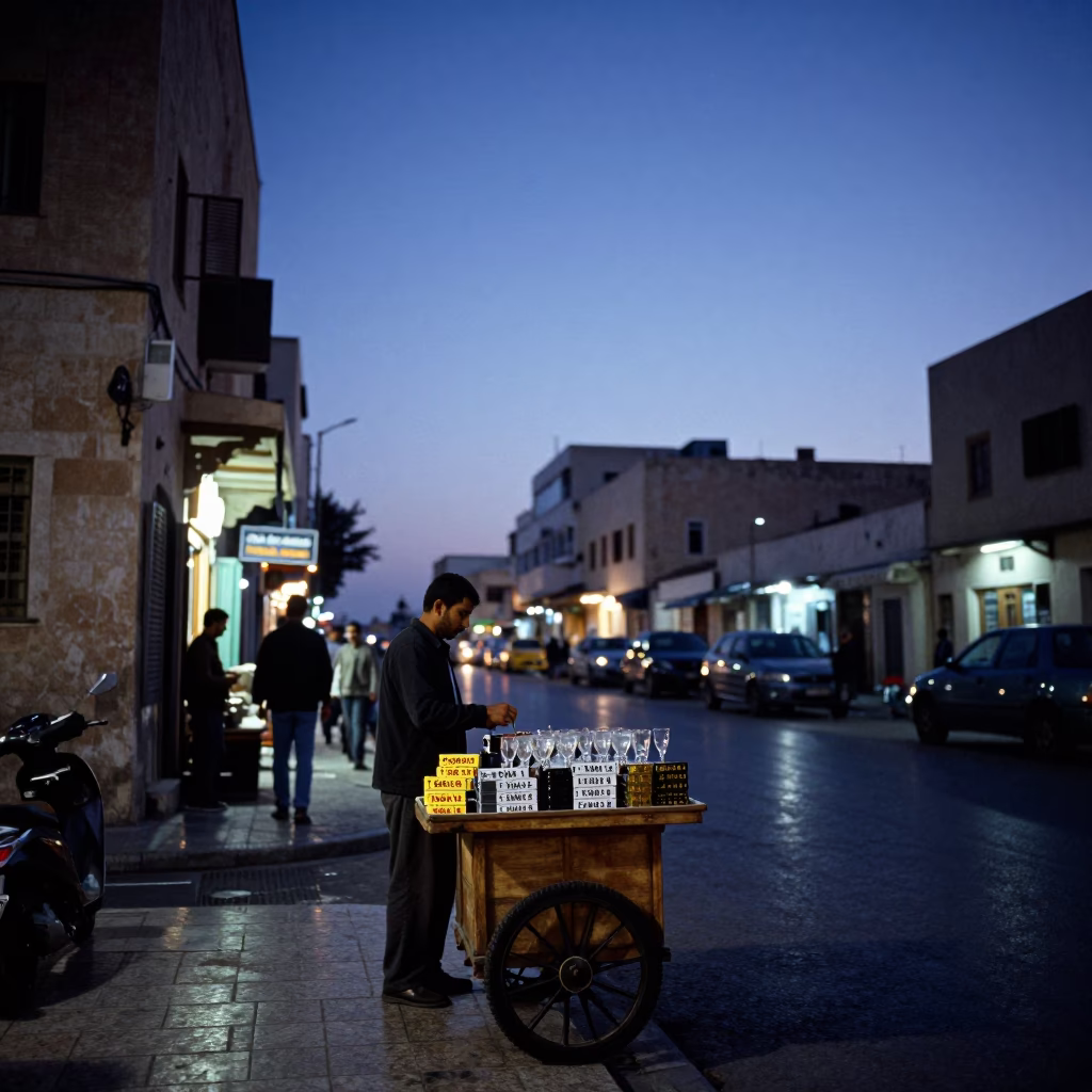 Alexandria Egypt Indigo Twilight Street Scene with Dates and Glass Jar in in Alexandria, Egypt