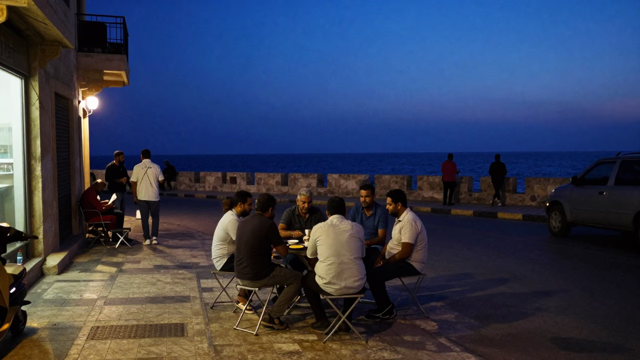 Alexandria Egypt indigo twilight street scene with folding stools and local interaction in in Alexandria, Egypt