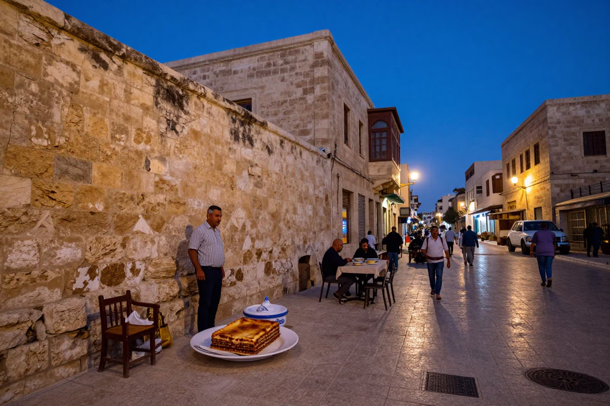 Alexandria Egypt indigo twilight street scene with fresh moussaka and local life in in Alexandria, Egypt