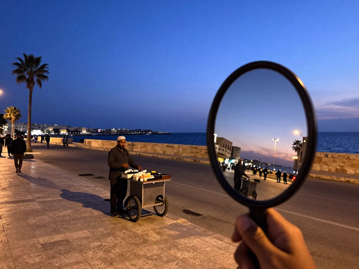 Alexandria Egypt Indigo Twilight Street Scene with Hand Mirror Reflection in in Alexandria, Egypt