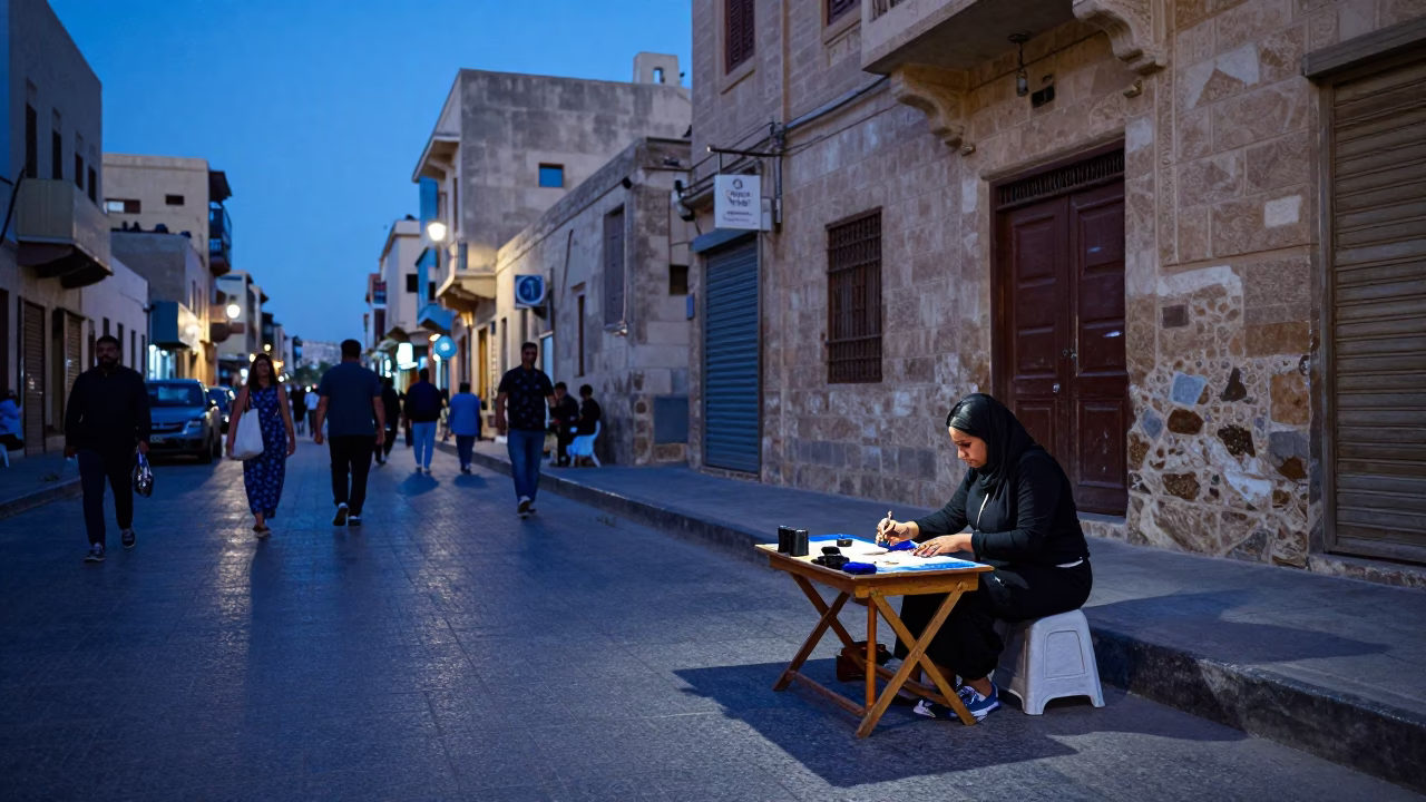Alexandria Egypt indigo twilight street scene with henna artist and local pedestrians in in Alexandria, Egypt