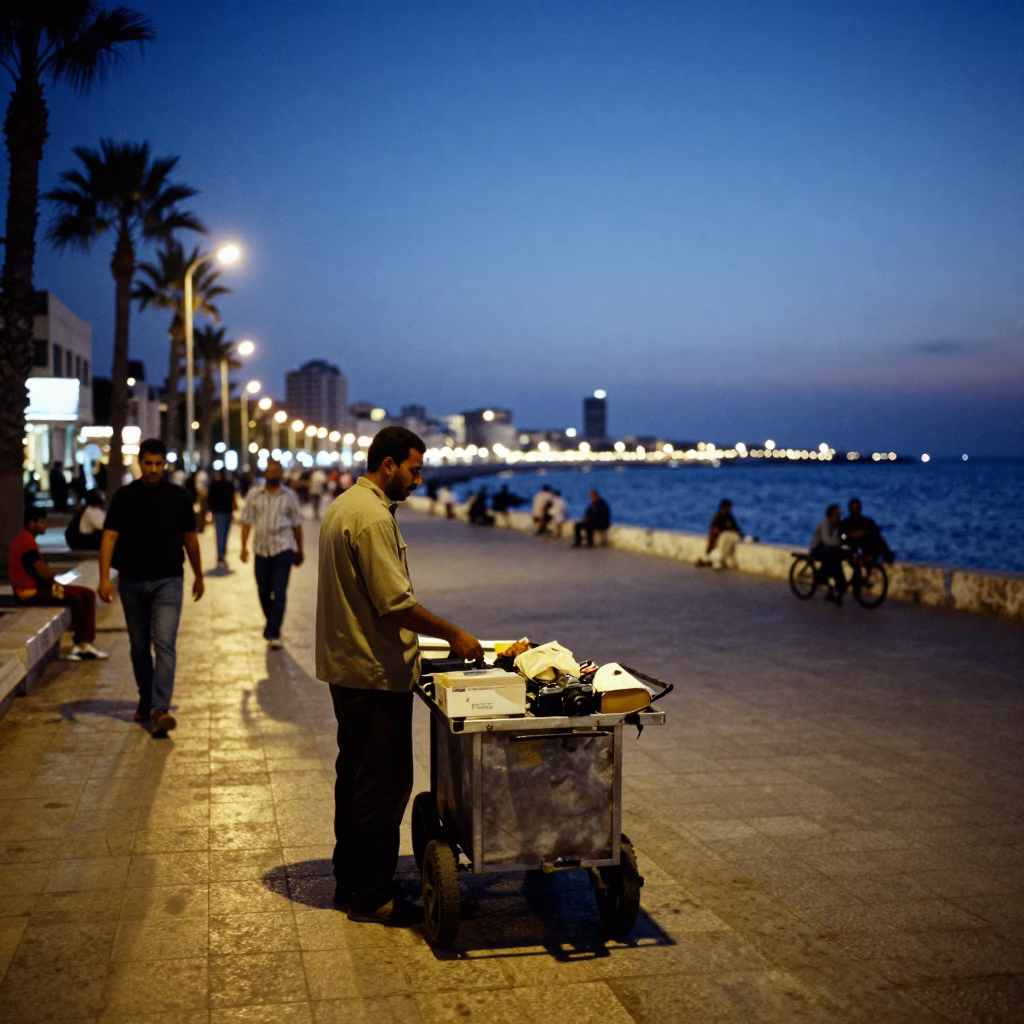 Alexandria Egypt indigo twilight street scene with local vendor and traditional architecture in in Alexandria, Egypt