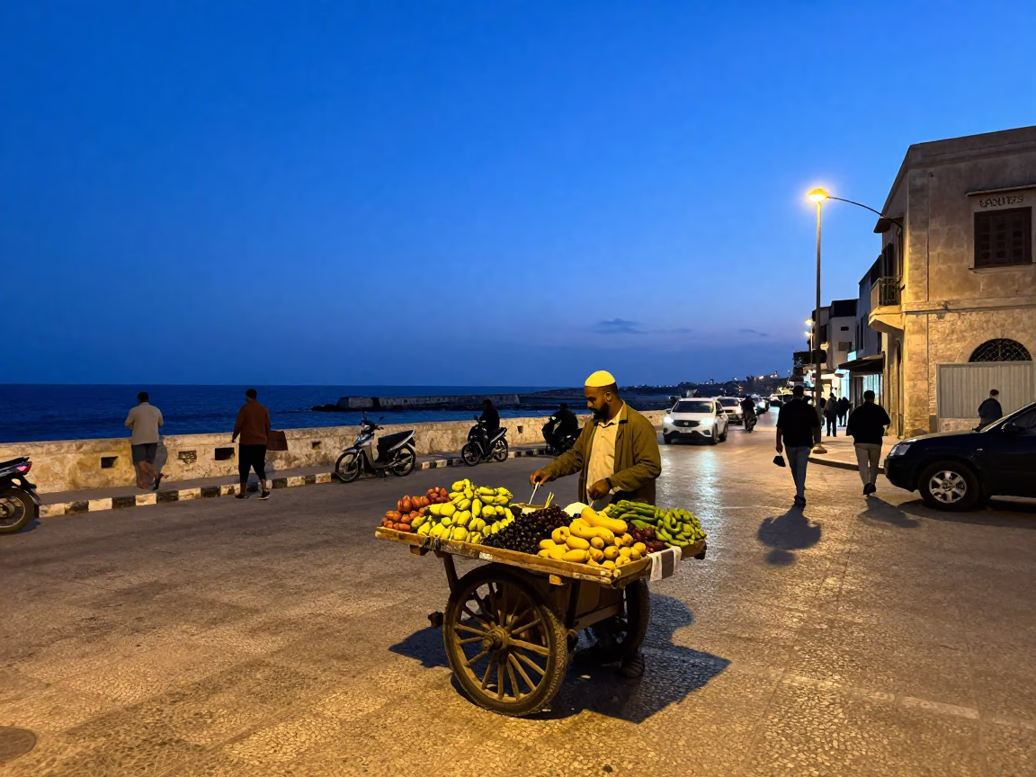 Alexandria Egypt Indigo Twilight Street Scene with Local Vendor and Traditional Elements in in Alexandria, Egypt