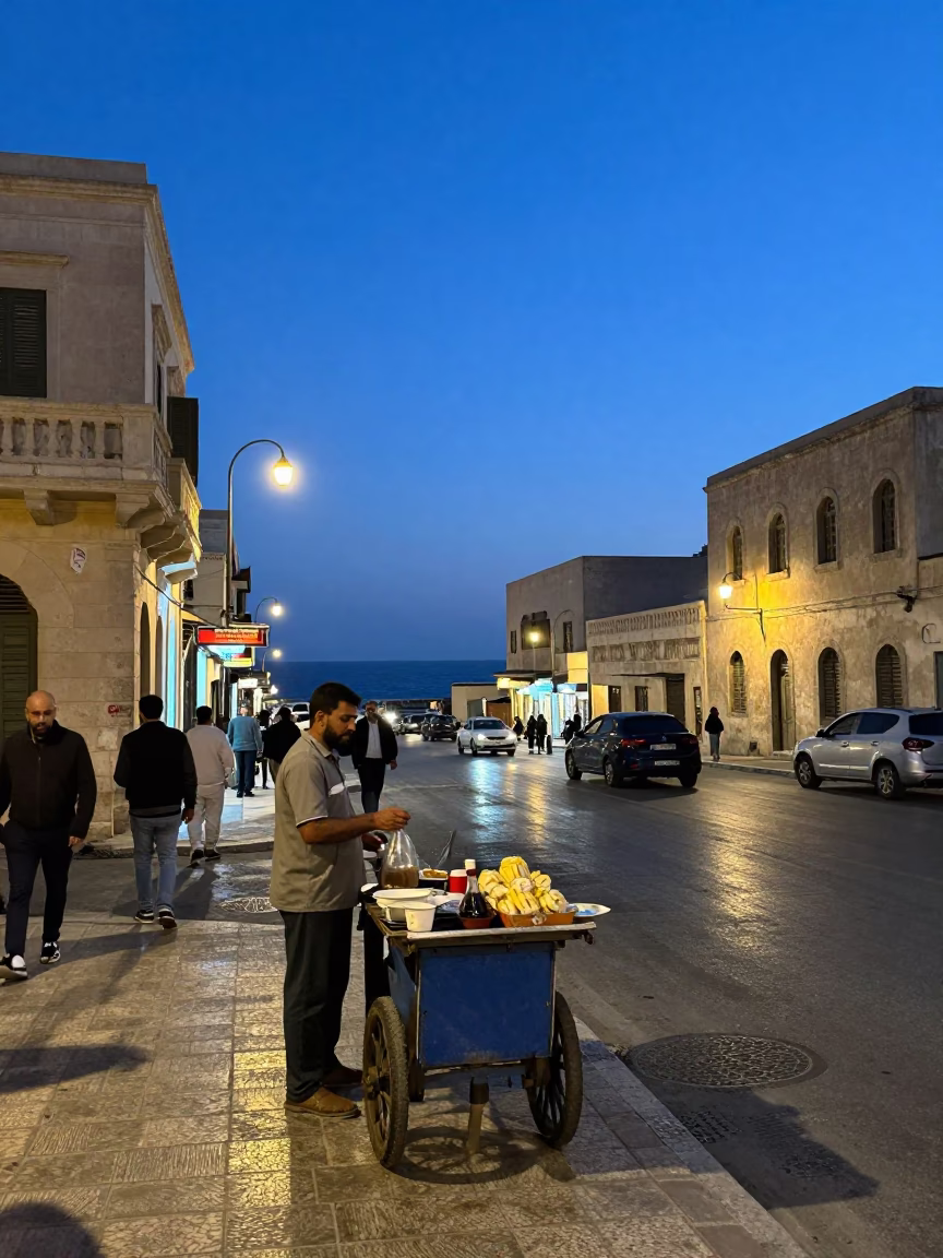 Alexandria Egypt indigo twilight street scene with local vendor and traditional items in in Alexandria, Egypt