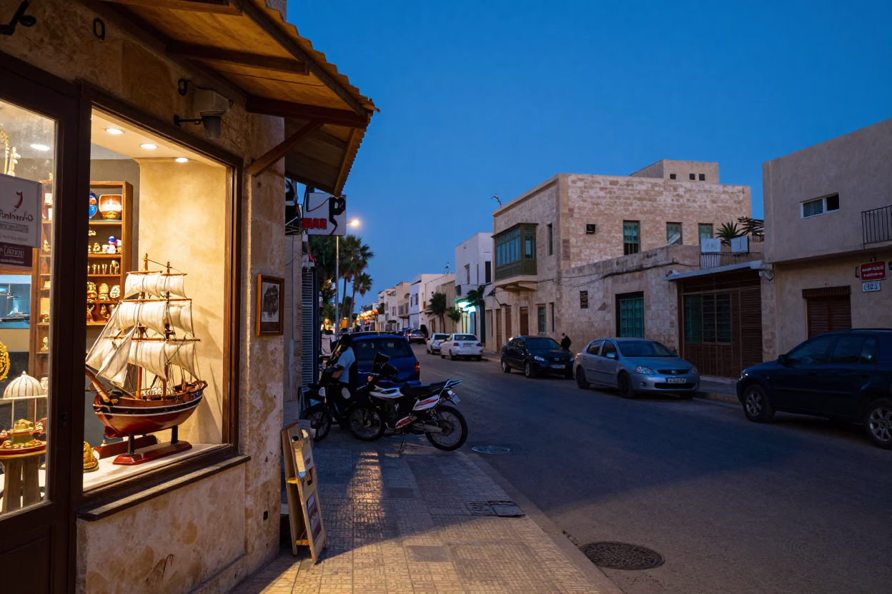Alexandria Egypt Indigo Twilight Street Scene with Model Ship and Glass Stool in in Alexandria, Egypt