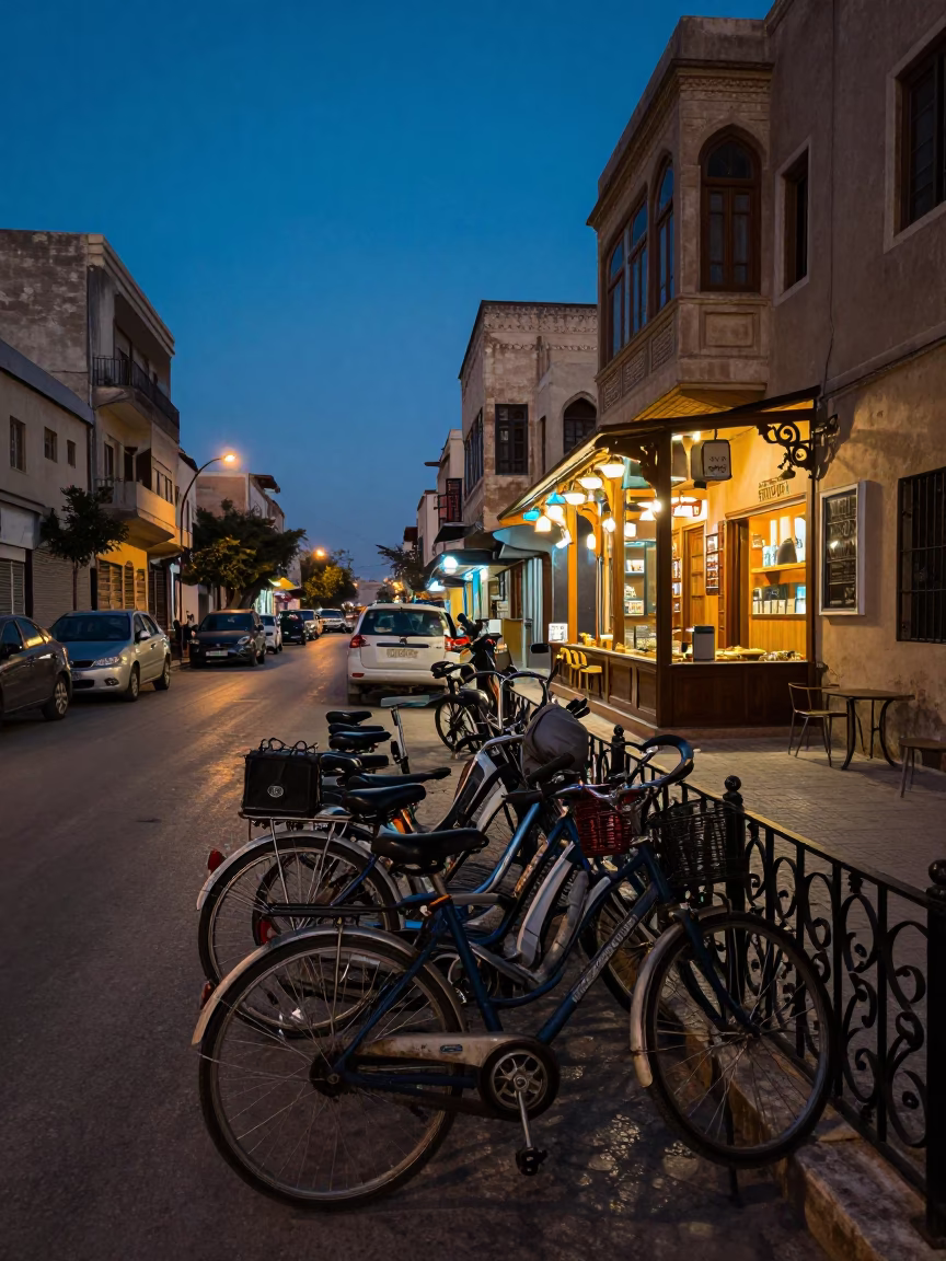 Alexandria Egypt indigo twilight street scene with parked bicycles and historic architecture in in Alexandria, Egypt