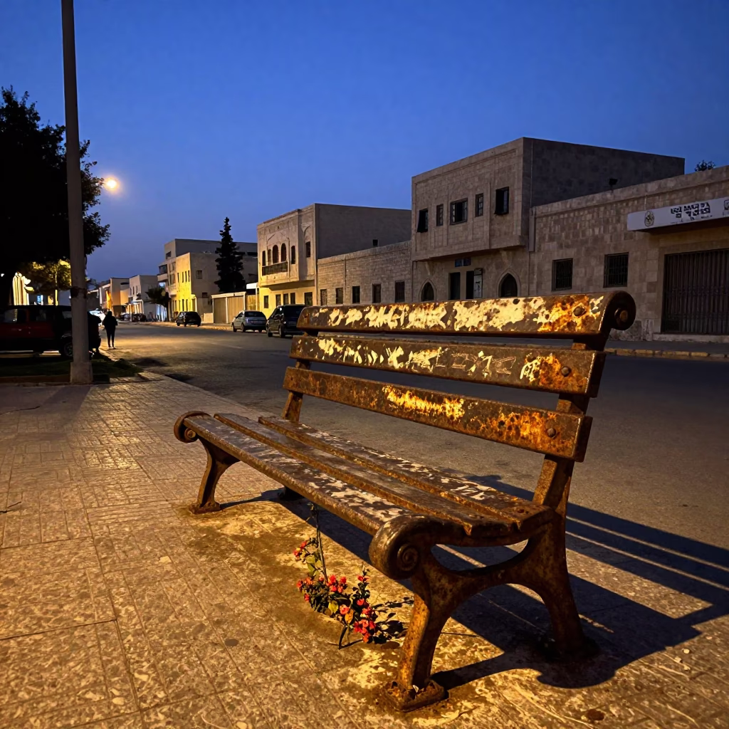 Alexandria Egypt indigo twilight street scene with rusted bench and fountain pen in in Alexandria, Egypt