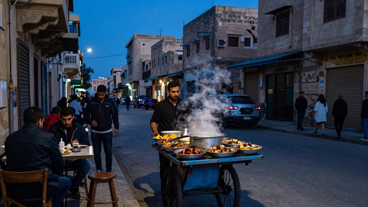 Alexandria Egypt indigo twilight street scene with traditional food and urban life in in Alexandria, Egypt