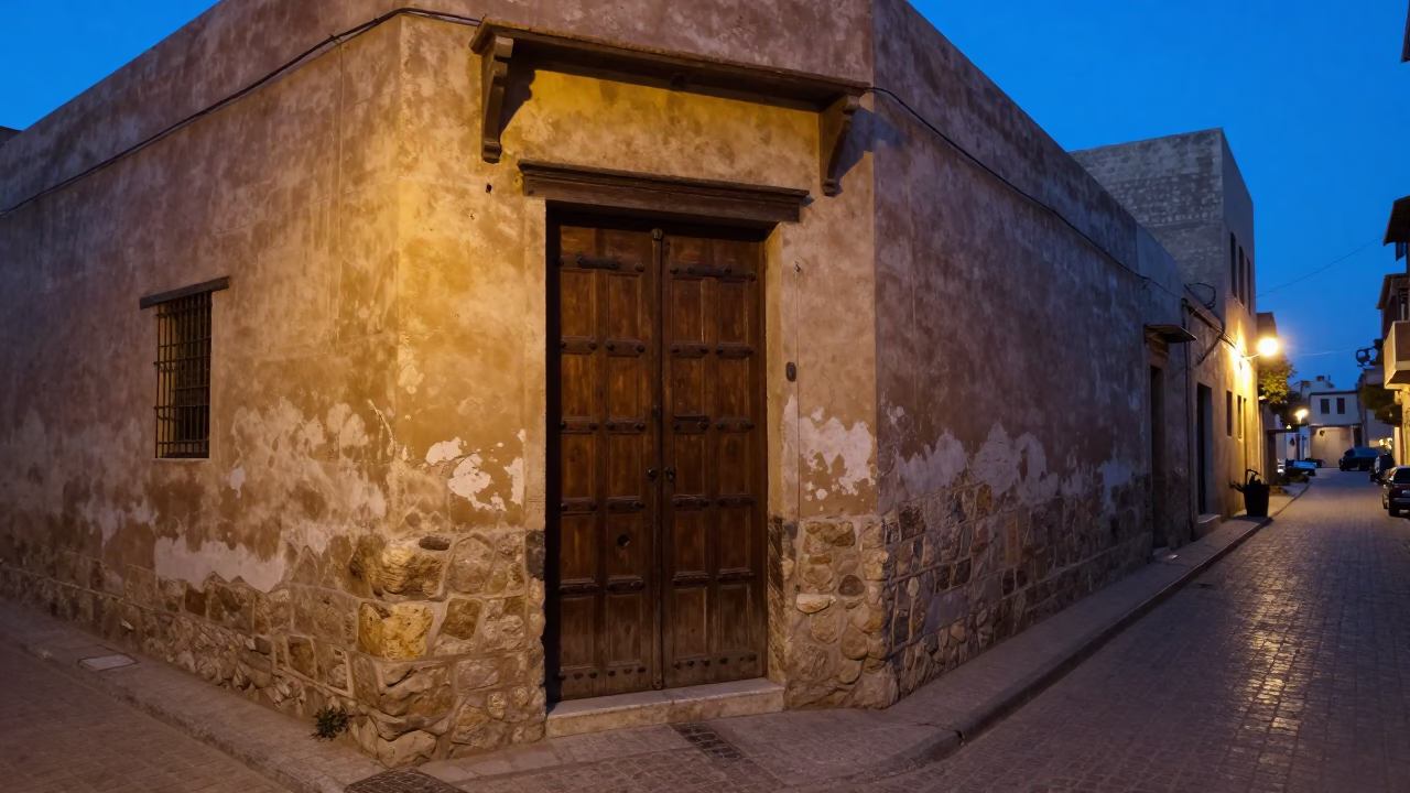 Alexandria Egypt indigo twilight street scene with traditional wooden door and latch in in Alexandria, Egypt