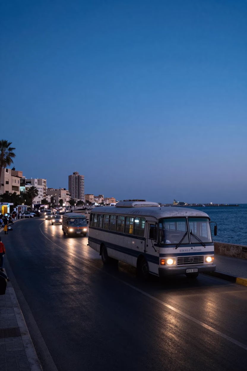 Alexandria Egypt indigo twilight street scene with vintage Bedford bus and local traffic in in Alexandria, Egypt
