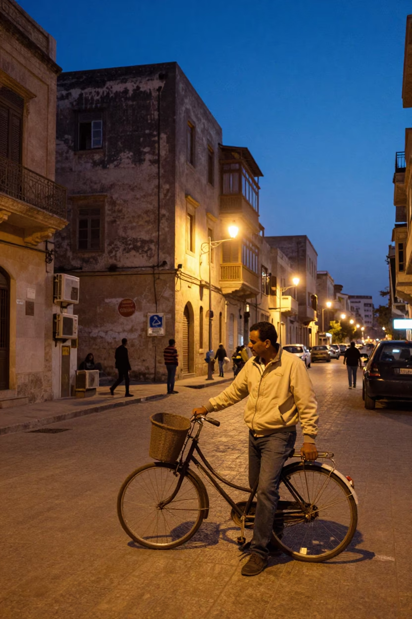 Alexandria Egypt indigo twilight street scene with vintage bicycle basket and iron deadbolt in in Alexandria, Egypt