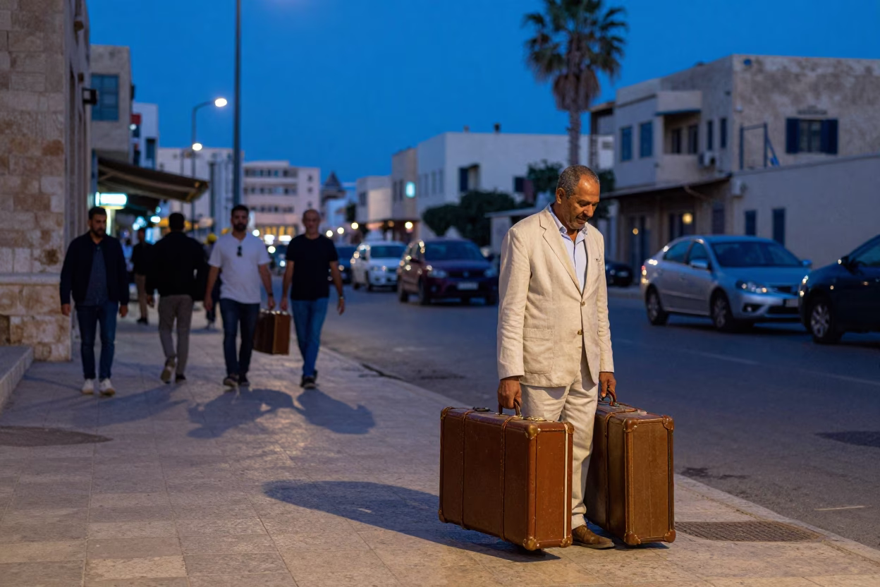 Alexandria Egypt indigo twilight street scene with vintage suitcases and local activity in in Alexandria, Egypt