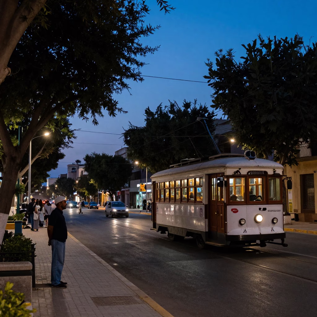 Alexandria Egypt indigo twilight street scene with vintage trolley and local interaction in in Alexandria, Egypt