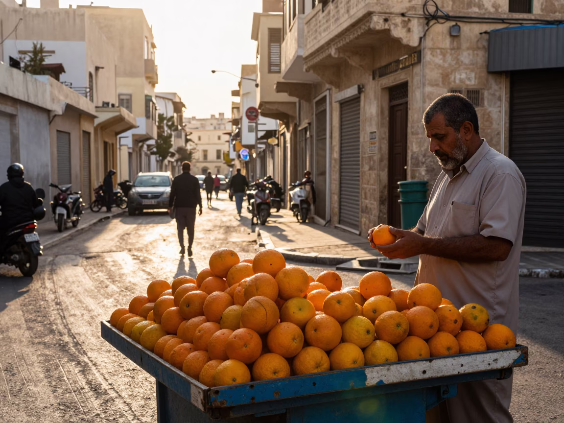 Alexandria Egypt Late Afternoon Street Scene with Oranges and Local Market Life in in Alexandria, Egypt