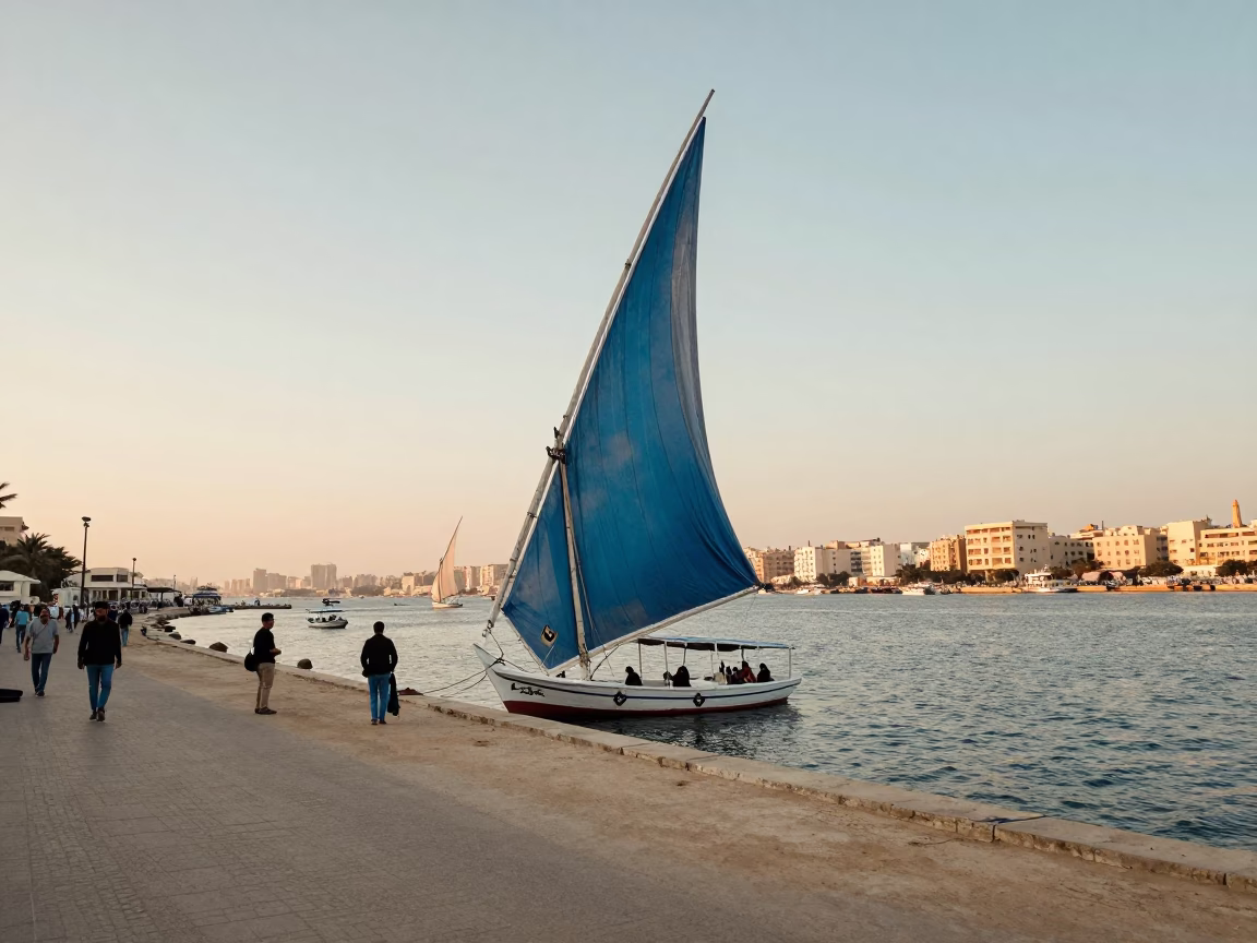 Alexandria Egypt Late Afternoon Street Scene with Traditional Felucca Sailboat Near Mediterranean Coast in in Alexandria, Egypt