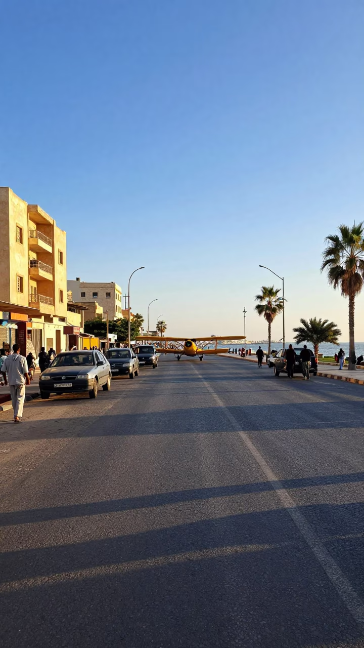 Alexandria Egypt Late Afternoon Street Scene with Vintage Biplane and Local Life in in Alexandria, Egypt