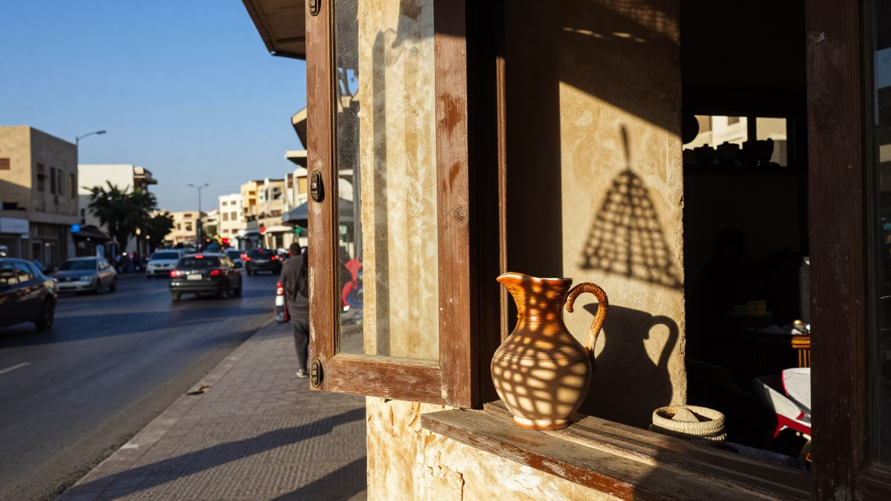 Alexandria Egypt Late Afternoon Street Scene with Wicker Shadow on Pitcher in in Alexandria, Egypt