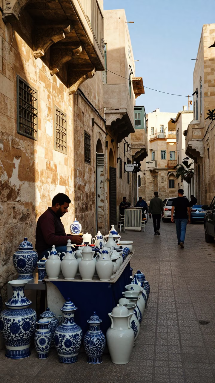 Alexandria Egypt Late Morning Street Scene with Blue White Porcelain and Urban Life in in Alexandria, Egypt