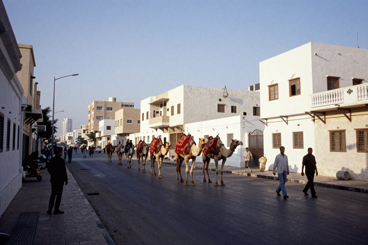Alexandria Egypt late morning street scene with camel caravan and historic architecture in in Alexandria, Egypt