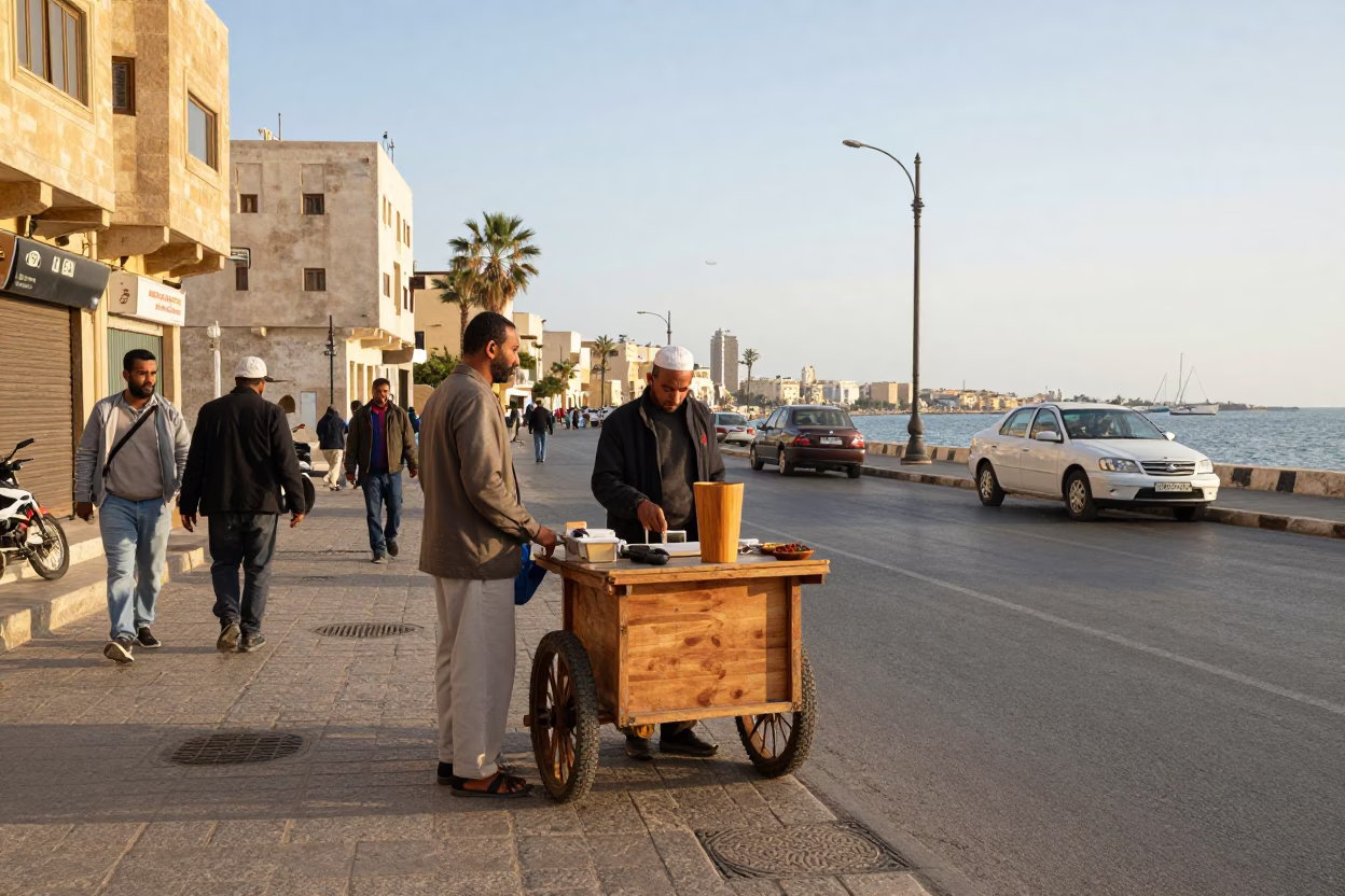 Alexandria Egypt Late Morning Street Scene with Wooden Cup and Local Market Activity in in Alexandria, Egypt
