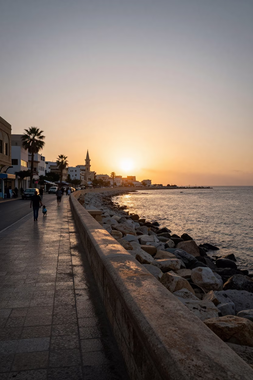 Alexandria Egypt Mediterranean Coastline Sunset Street Scene with Traditional Architecture in in Alexandria, Egypt