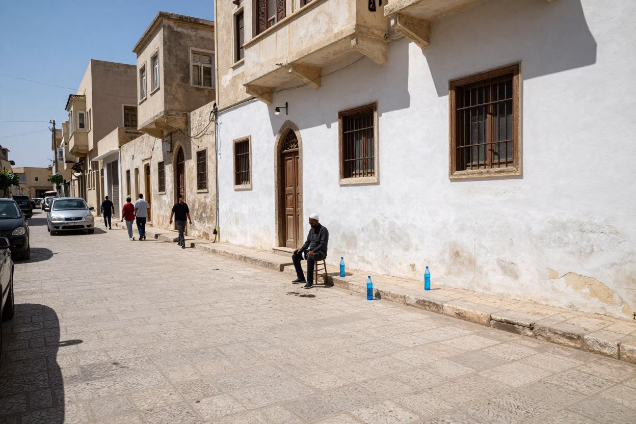 Alexandria Egypt Midday Street Scene with Blue Water Bottles and Stone Architecture in in Alexandria, Egypt