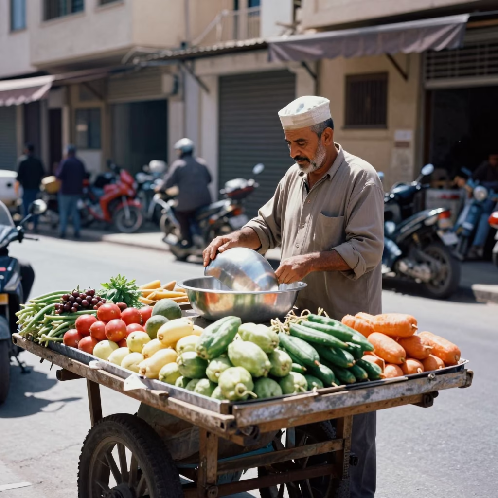 Alexandria Egypt Midday Street Scene with Local Vendor and Metal Basin in in Alexandria, Egypt