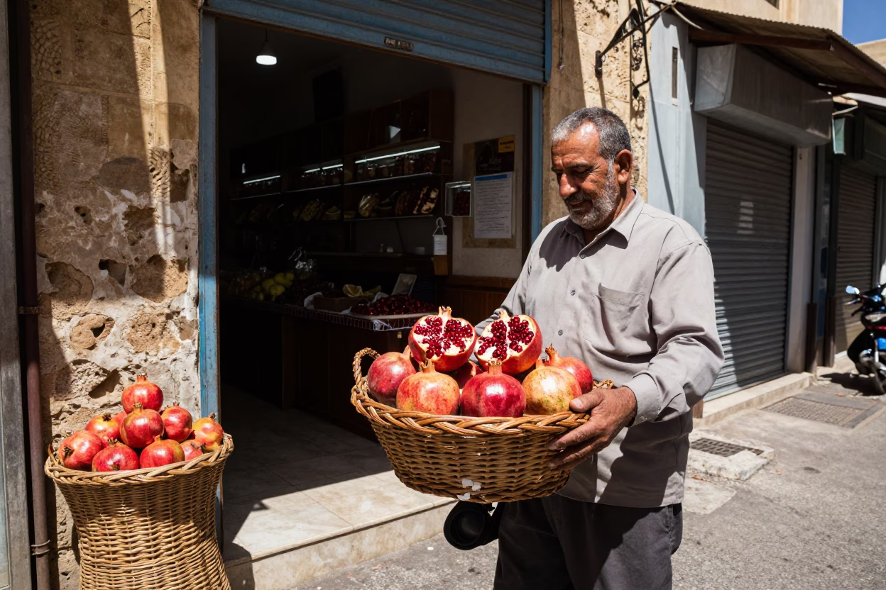 Alexandria Egypt Midday Street Scene with Pomegranate Seller and Wicker Basket in in Alexandria, Egypt