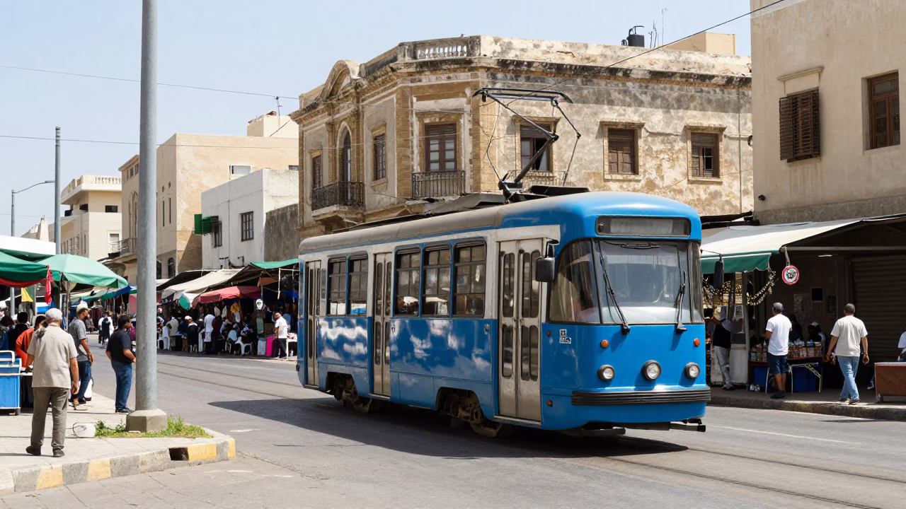 Alexandria Egypt Midday Street Scene with Tram and Local Market Activity in in Alexandria, Egypt