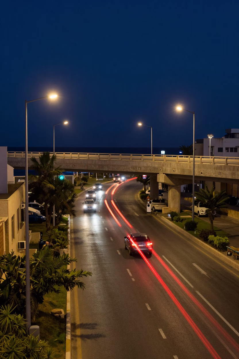 Alexandria Egypt Midnight Street Scene with Overpass Interchange and Taillight Streaks in in Alexandria, Egypt