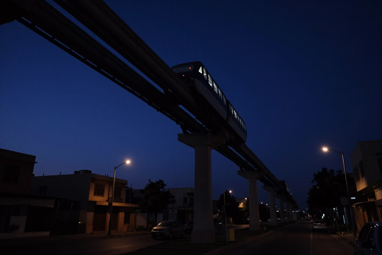 Alexandria Egypt Monorail Track Silhouette Against Predawn Dark Sky Street Level View in in Alexandria, Egypt
