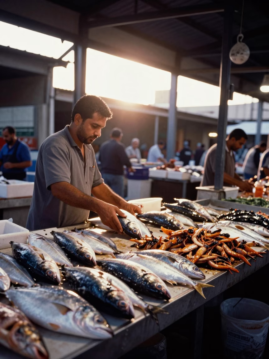 Alexandria Egypt Morning Light Fish Market Scales and Grilled Seafood in in Alexandria, Egypt