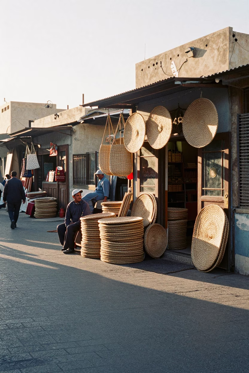 Alexandria Egypt Morning Market Scene with Woven Mats and Local Commerce in in Alexandria, Egypt