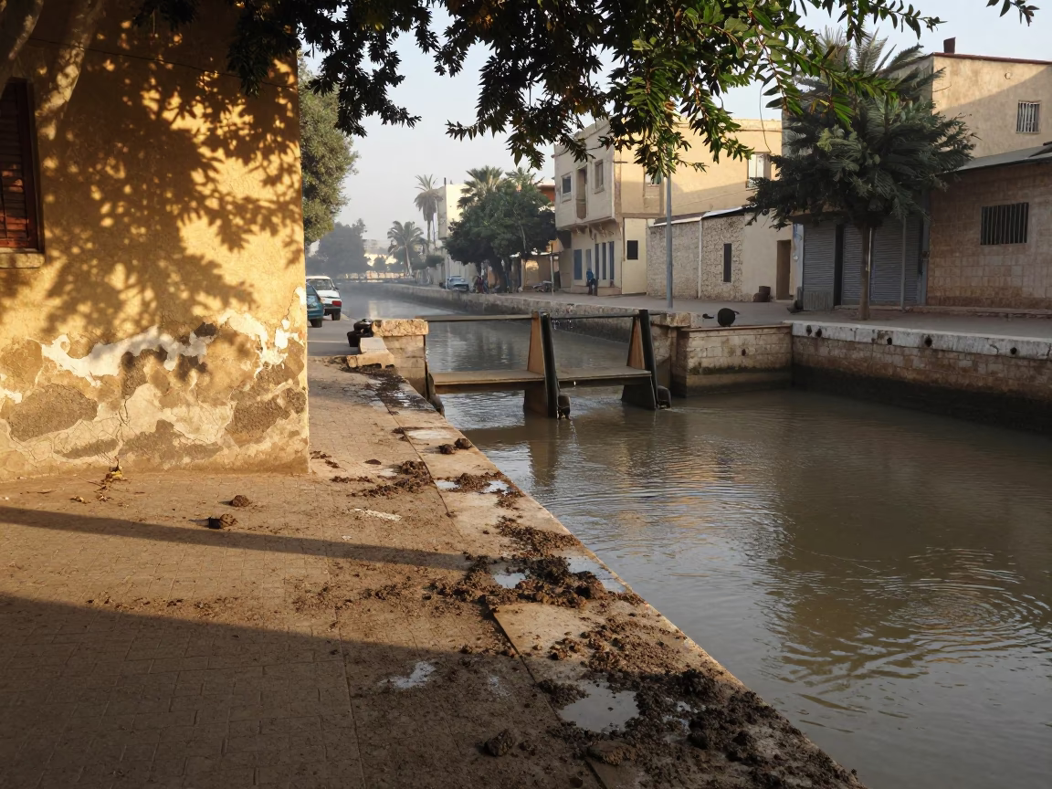 Alexandria Egypt Morning Street Scene with Leaf Shadows and Muddy Canal Edge at Sunrise in in Alexandria, Egypt